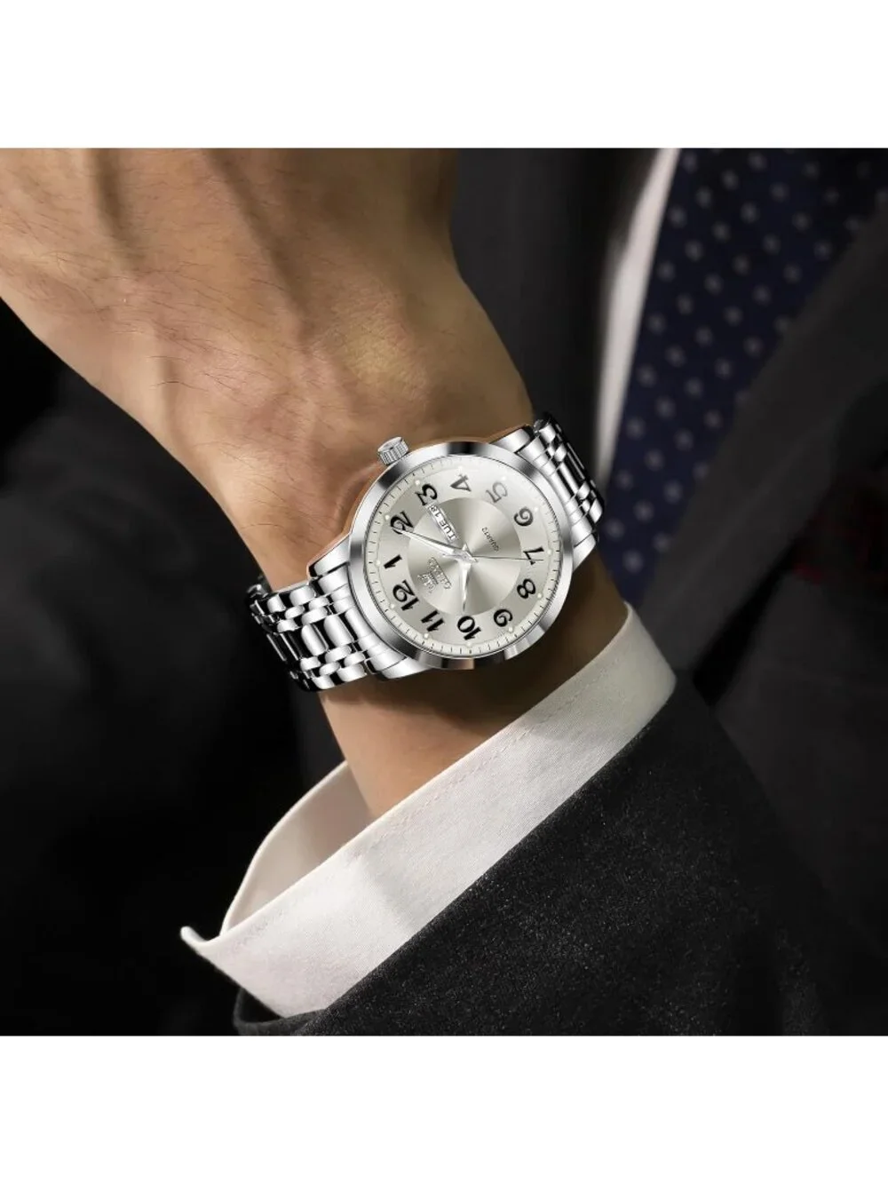 Mens Silver Grey Big Dial Analog Quartz Stainless Steel Relojes Waterproof Watch